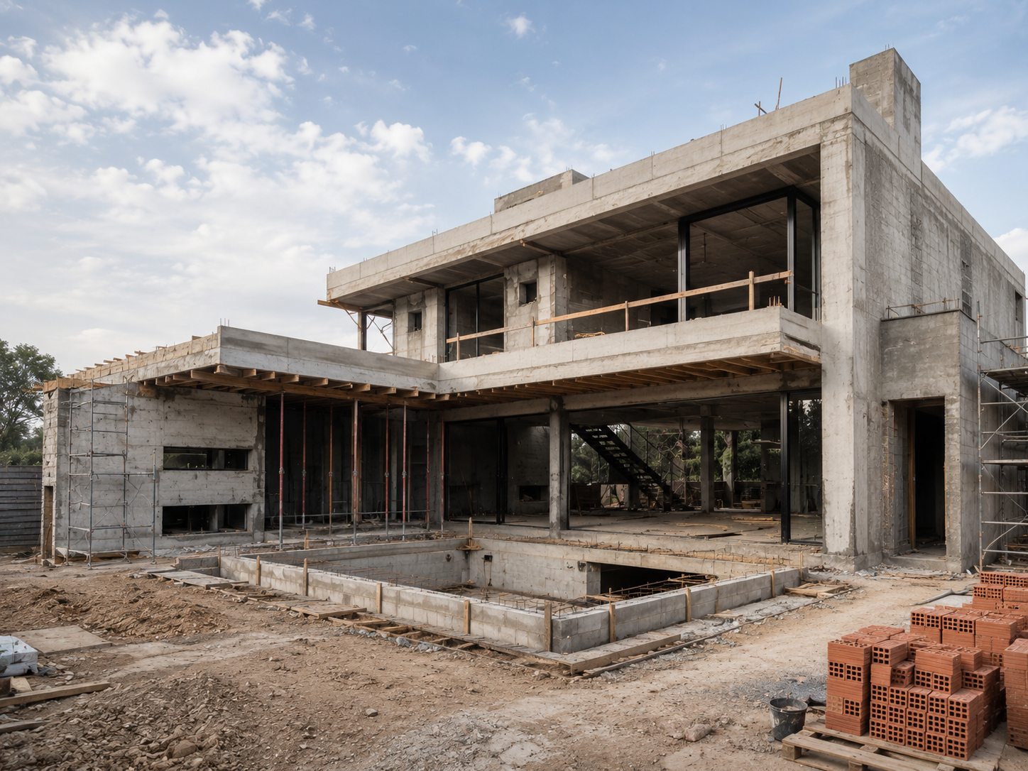 A mesma residência em construção, com estrutura de concreto e piscina em obra